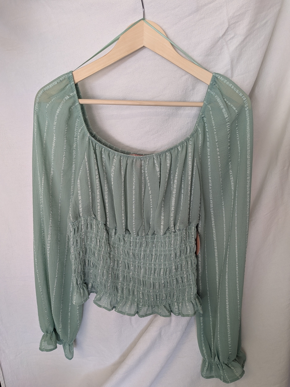 Smocked Sage Green Long-Sleeve Blouse with Metallic Stripe Detail